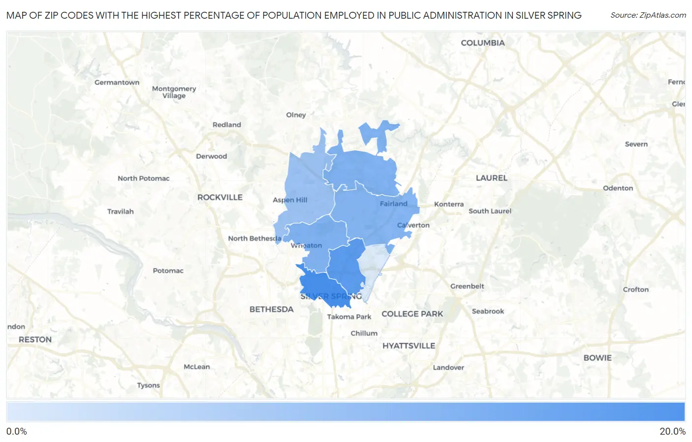 Zip Codes with the Highest Percentage of Population Employed in Public Administration in Silver Spring Map