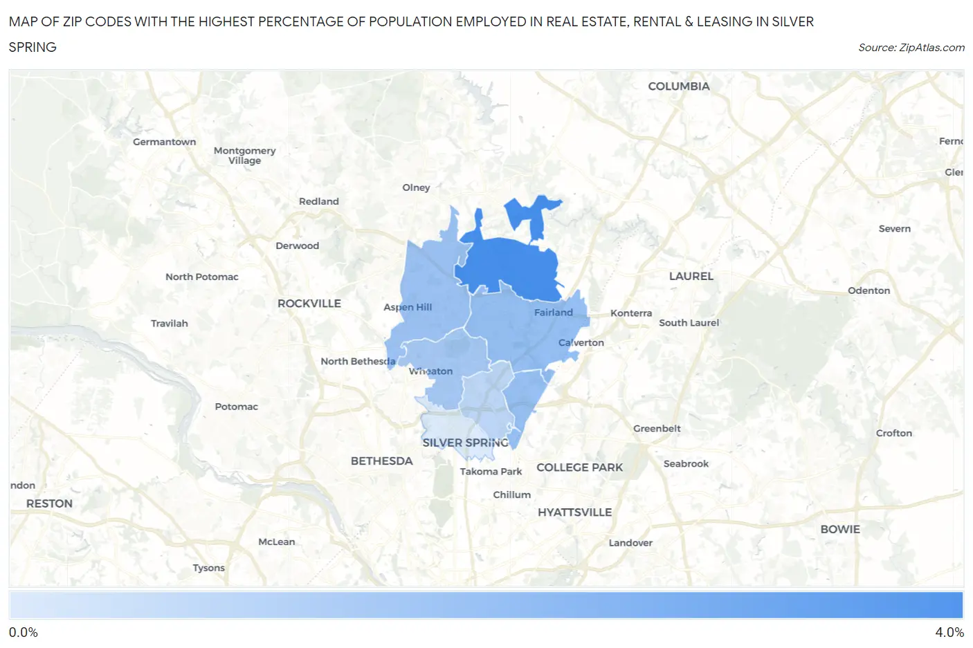 Zip Codes with the Highest Percentage of Population Employed in Real Estate, Rental & Leasing in Silver Spring Map