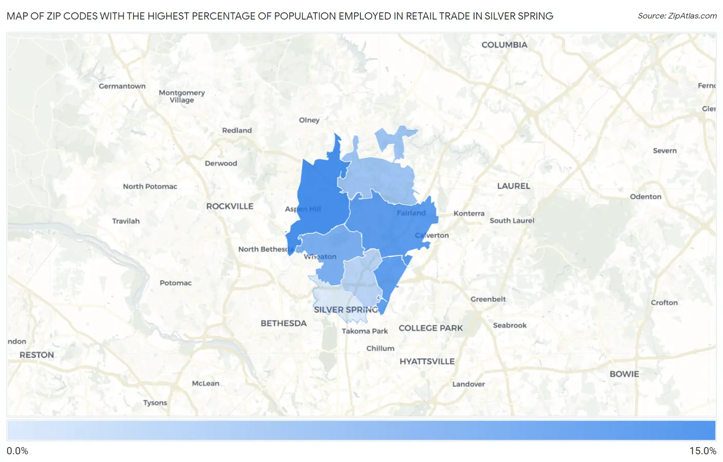 Zip Codes with the Highest Percentage of Population Employed in Retail Trade in Silver Spring Map
