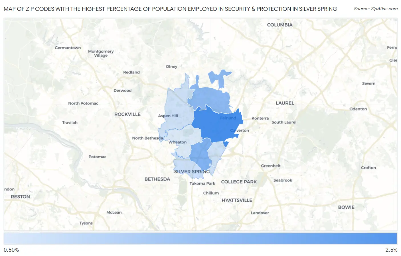 Zip Codes with the Highest Percentage of Population Employed in Security & Protection in Silver Spring Map