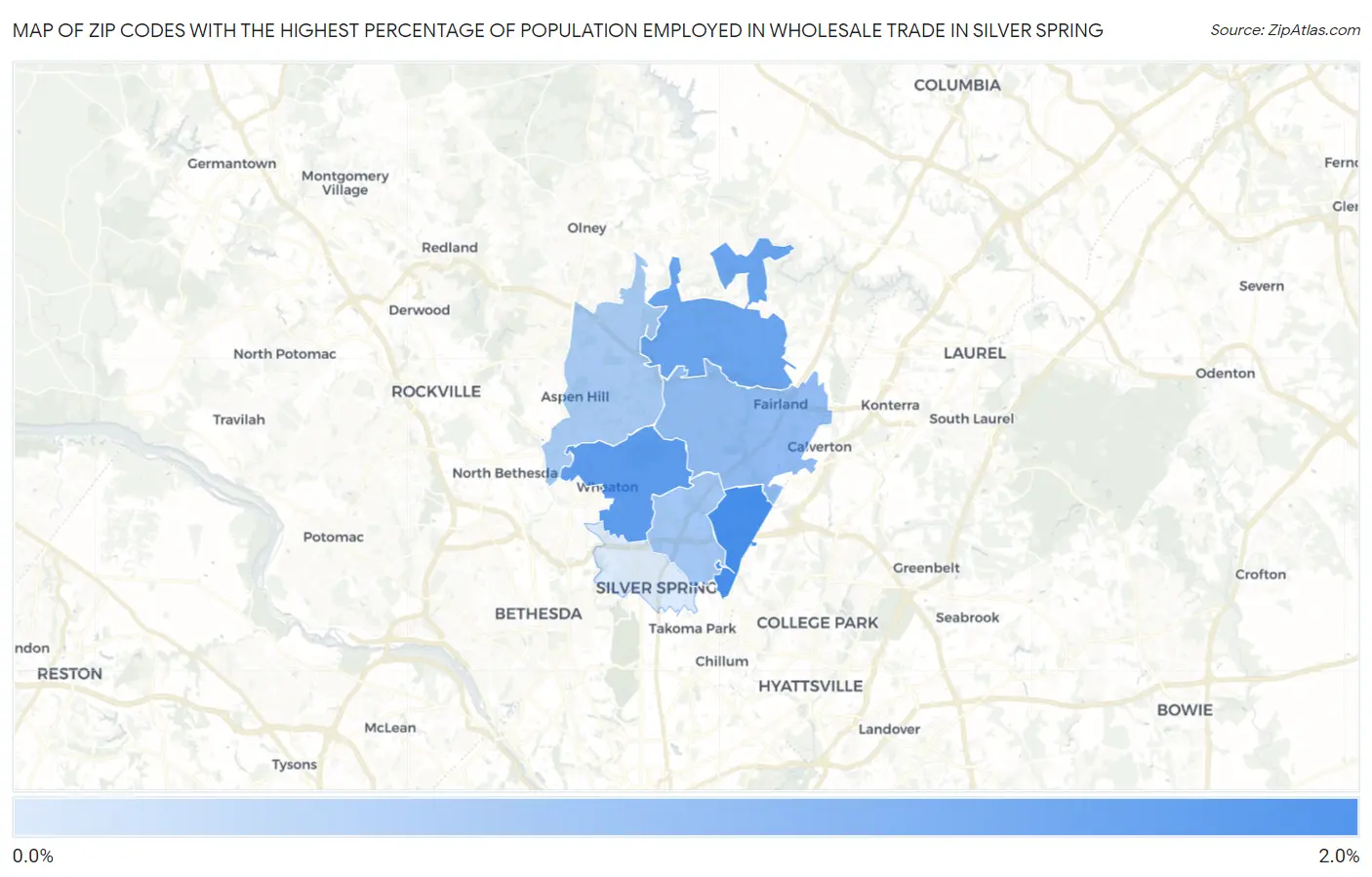 Zip Codes with the Highest Percentage of Population Employed in Wholesale Trade in Silver Spring Map