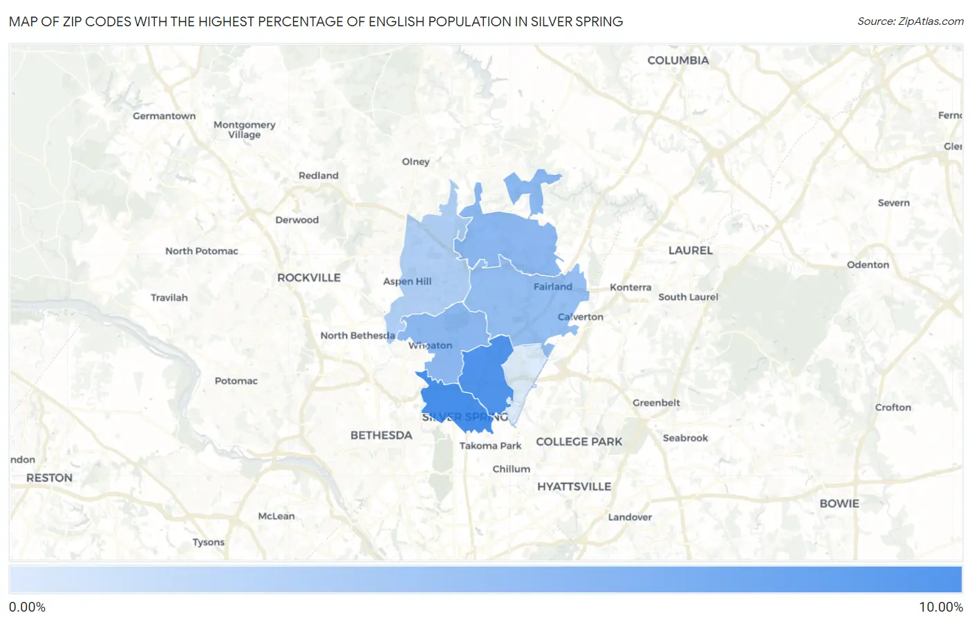 Zip Codes with the Highest Percentage of English Population in Silver Spring Map