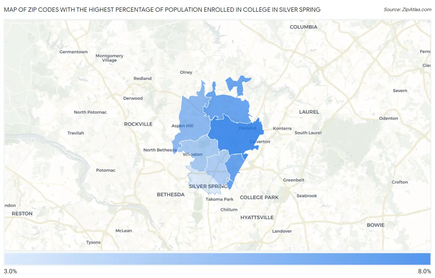 Zip Codes with the Highest Percentage of Population Enrolled in College in Silver Spring Map