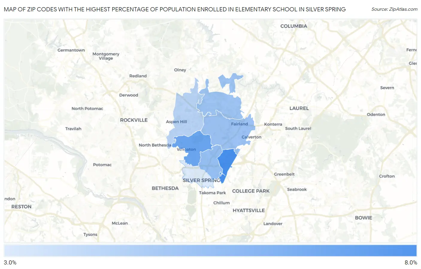 Zip Codes with the Highest Percentage of Population Enrolled in Elementary School in Silver Spring Map