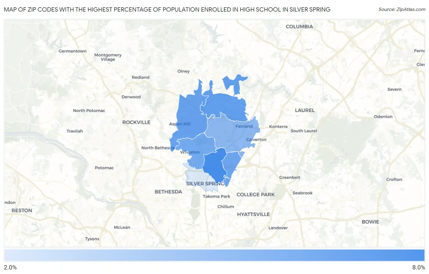 Zip Codes with the Highest Percentage of Population Enrolled in High School in Silver Spring Map