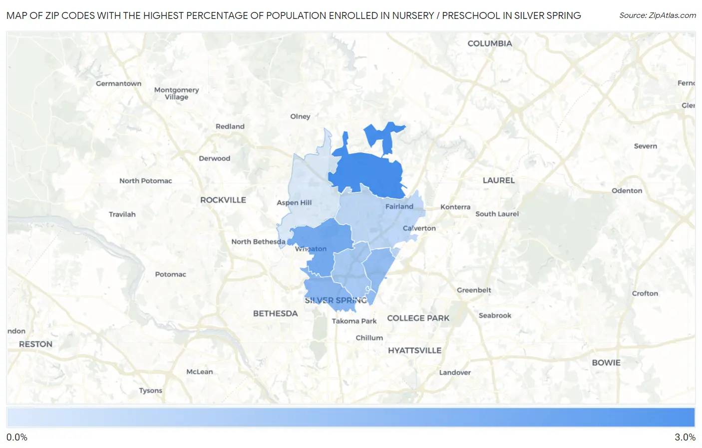 Zip Codes with the Highest Percentage of Population Enrolled in Nursery / Preschool in Silver Spring Map