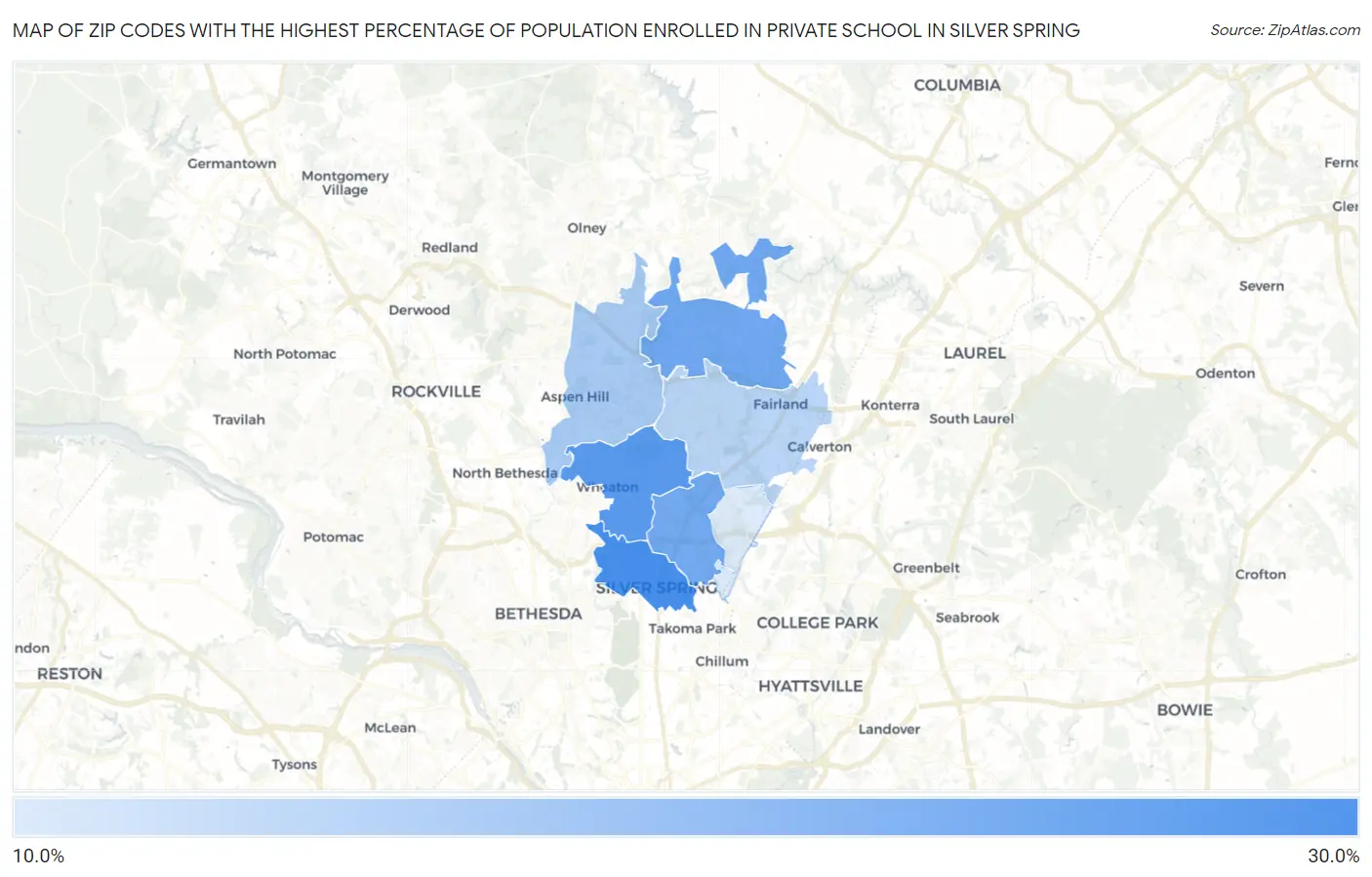 Zip Codes with the Highest Percentage of Population Enrolled in Private School in Silver Spring Map
