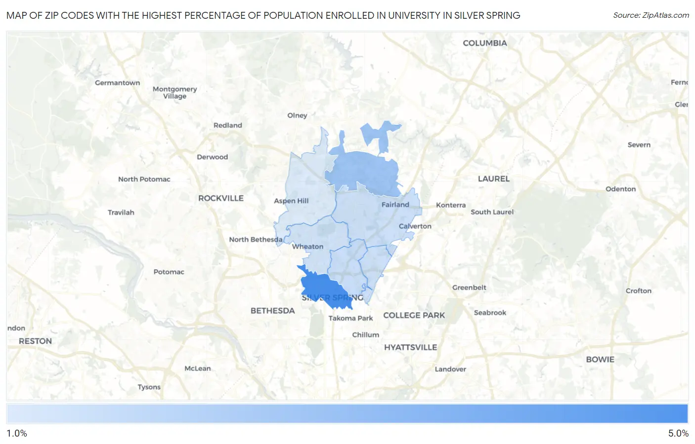 Zip Codes with the Highest Percentage of Population Enrolled in University in Silver Spring Map