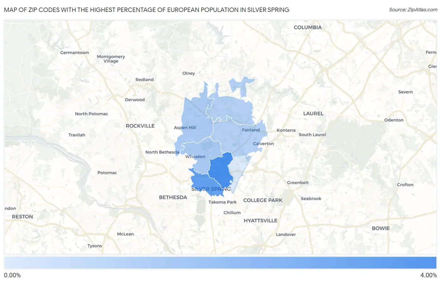 Zip Codes with the Highest Percentage of European Population in Silver Spring Map