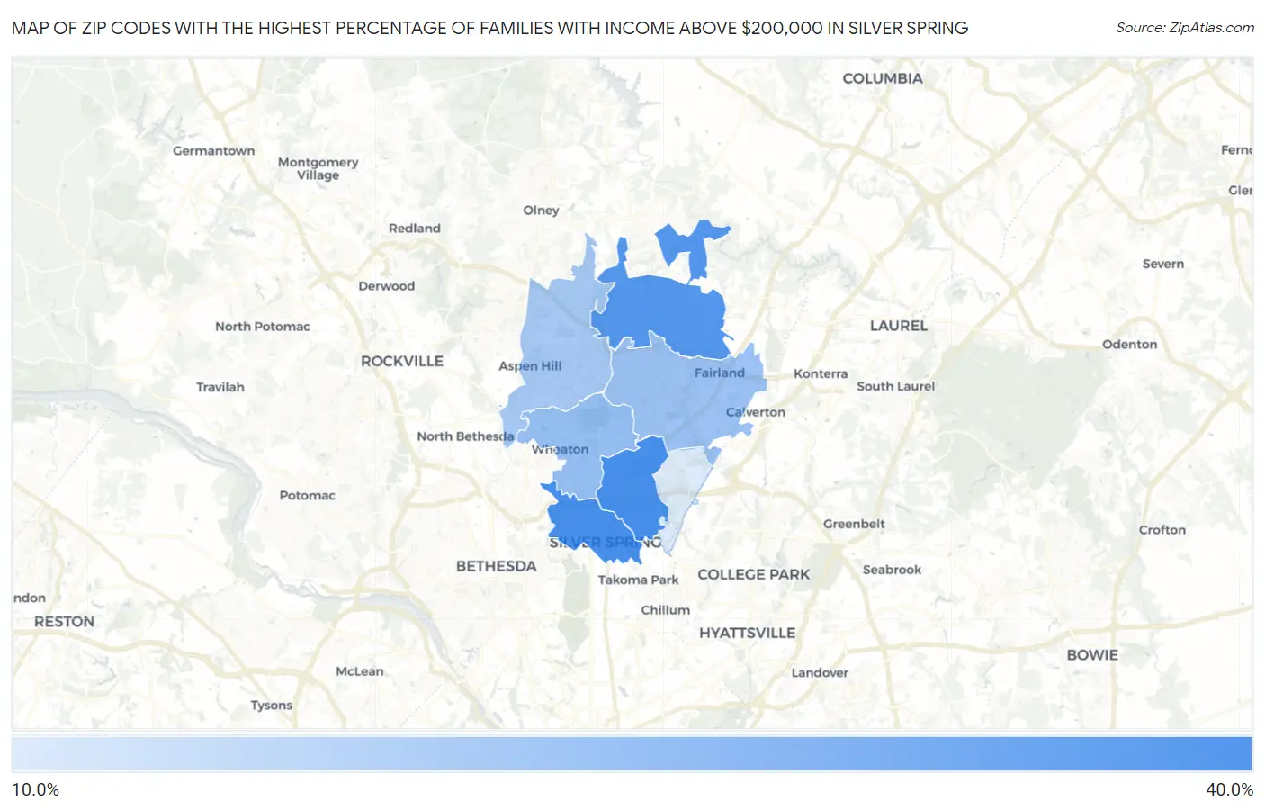 Zip Codes with the Highest Percentage of Families with Income Above $200,000 in Silver Spring Map