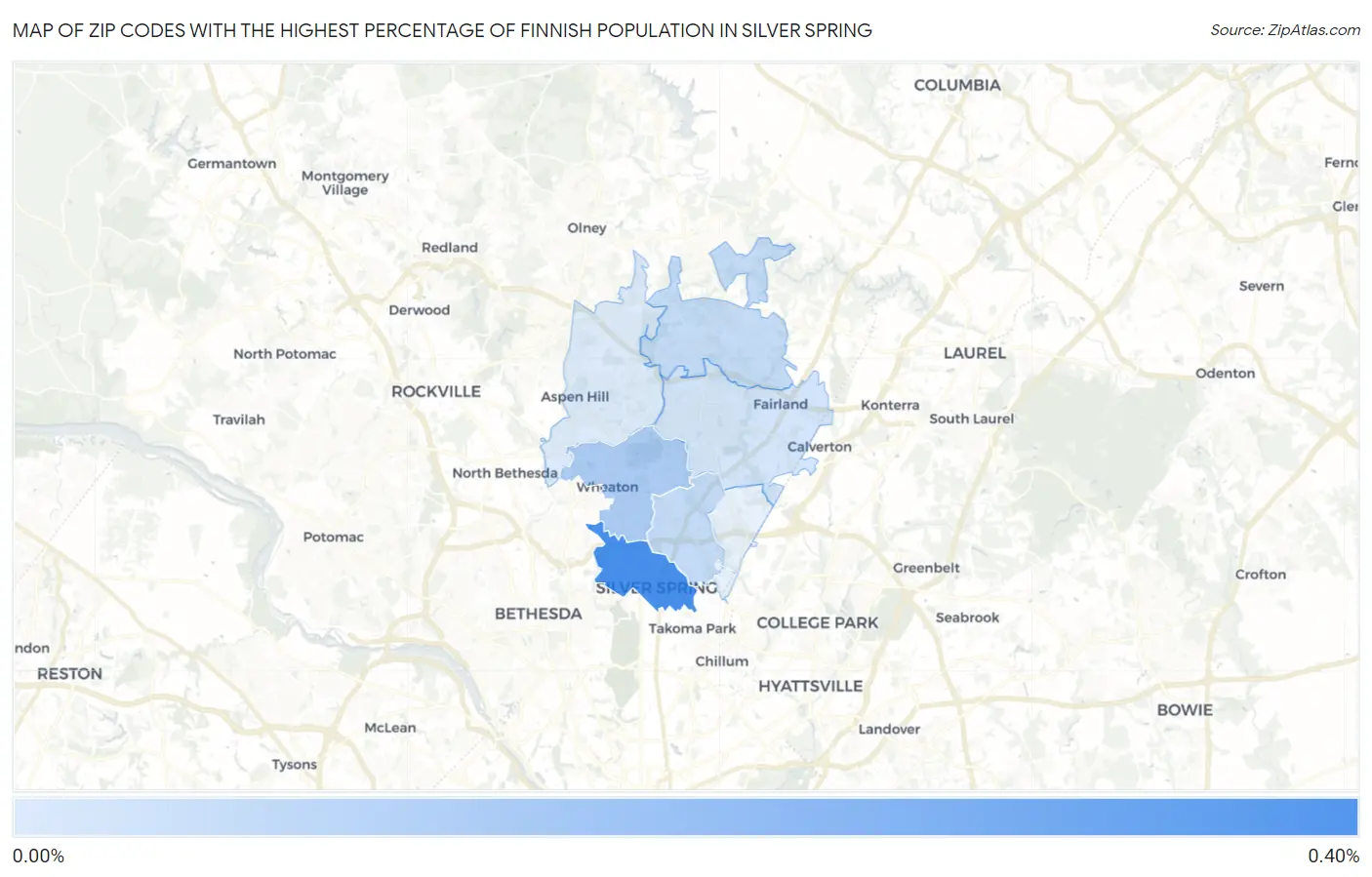 Zip Codes with the Highest Percentage of Finnish Population in Silver Spring Map