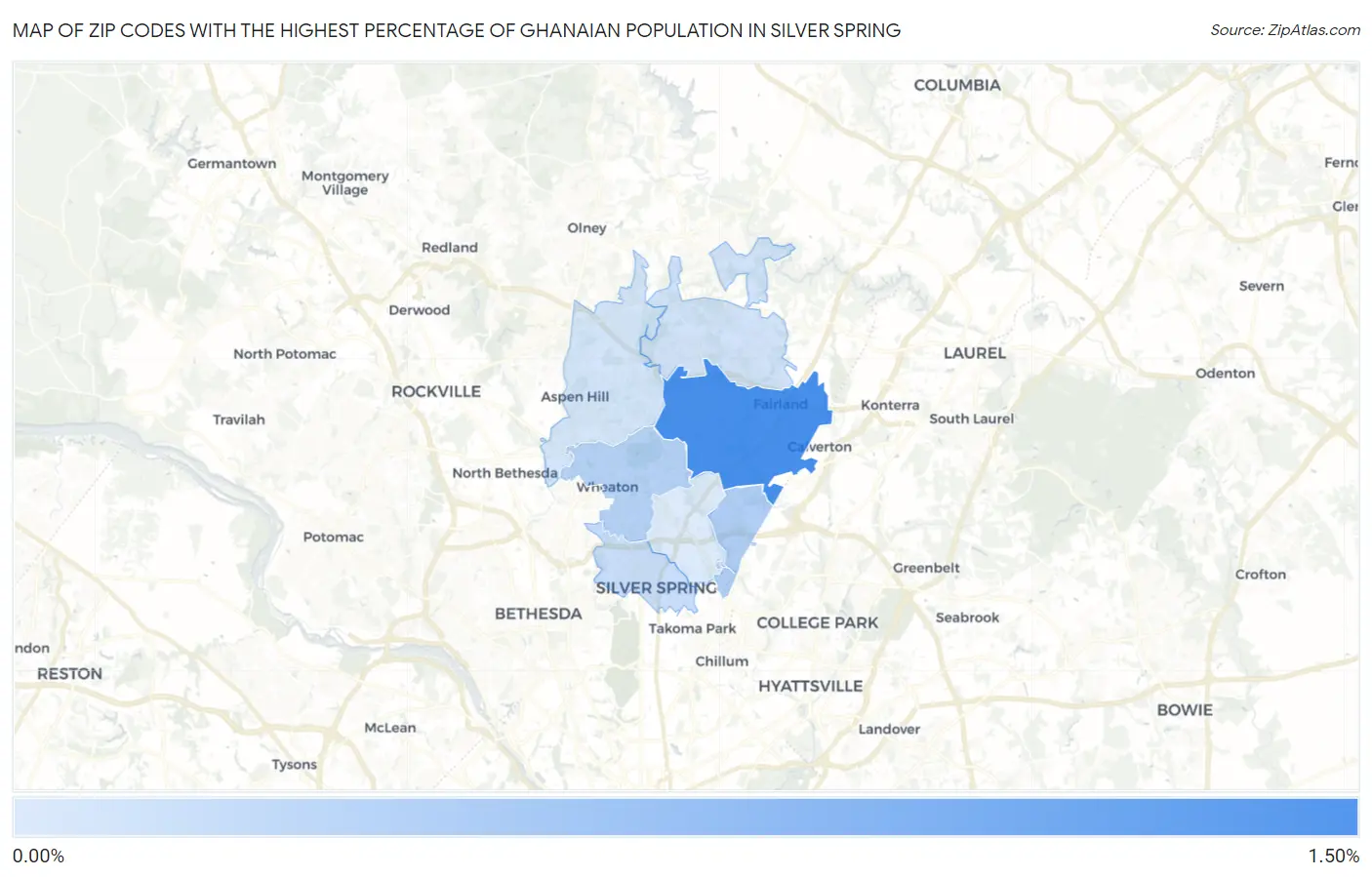 Zip Codes with the Highest Percentage of Ghanaian Population in Silver Spring Map