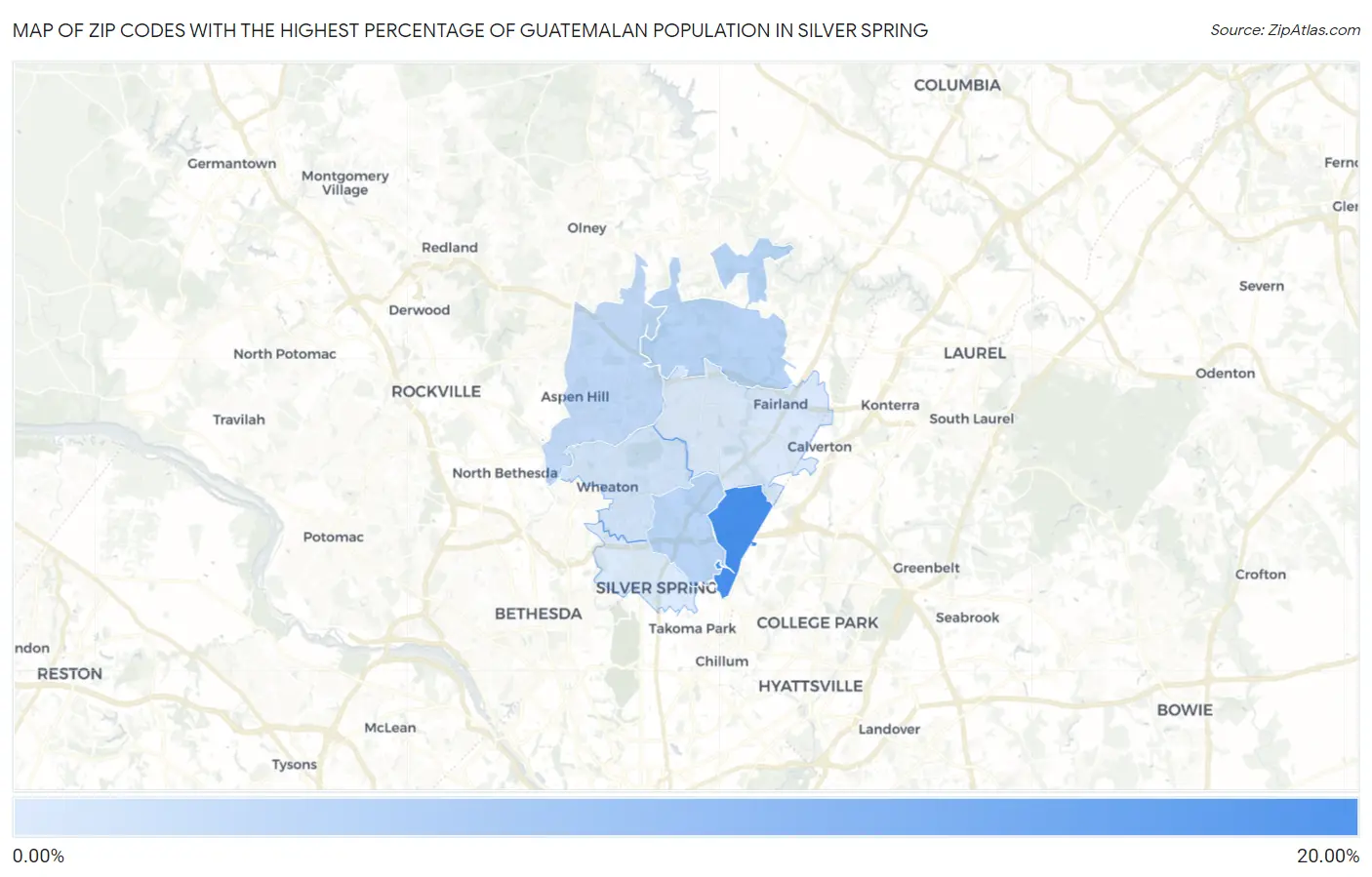 Zip Codes with the Highest Percentage of Guatemalan Population in Silver Spring Map