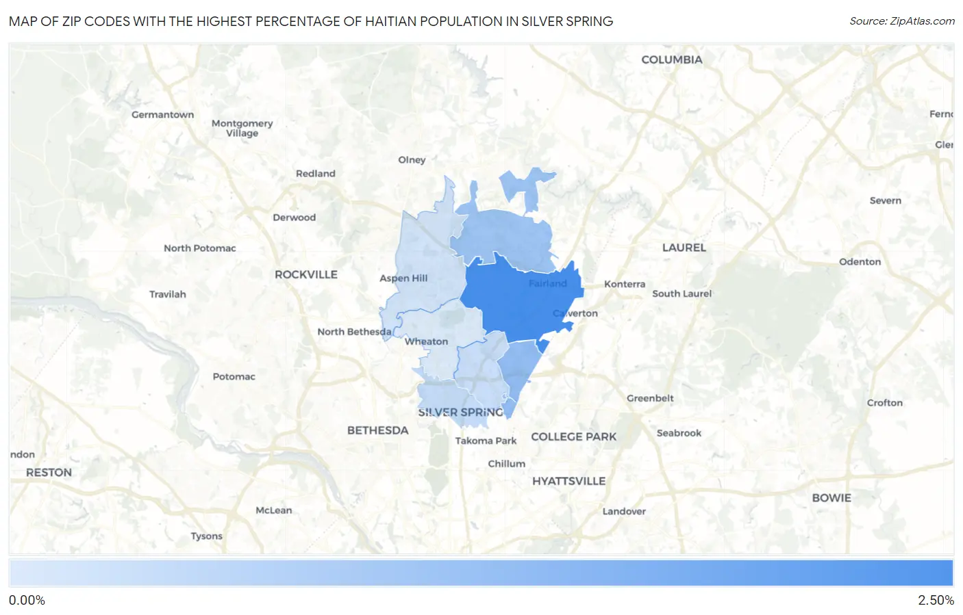 Zip Codes with the Highest Percentage of Haitian Population in Silver Spring Map