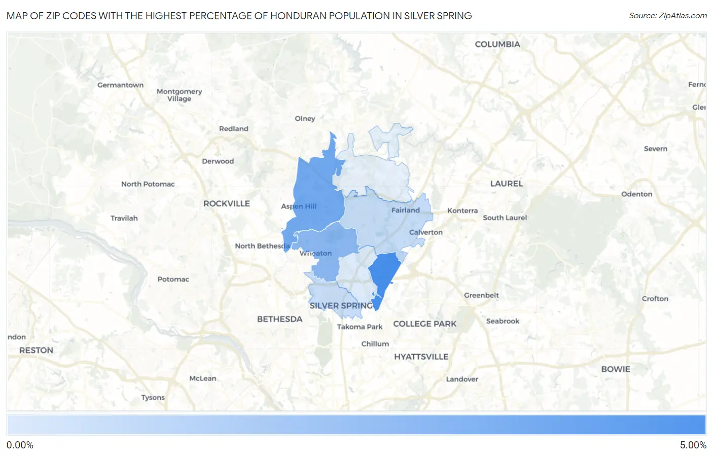 Zip Codes with the Highest Percentage of Honduran Population in Silver Spring Map