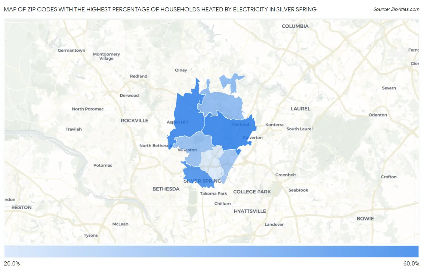 Zip Codes with the Highest Percentage of Households Heated by Electricity in Silver Spring Map