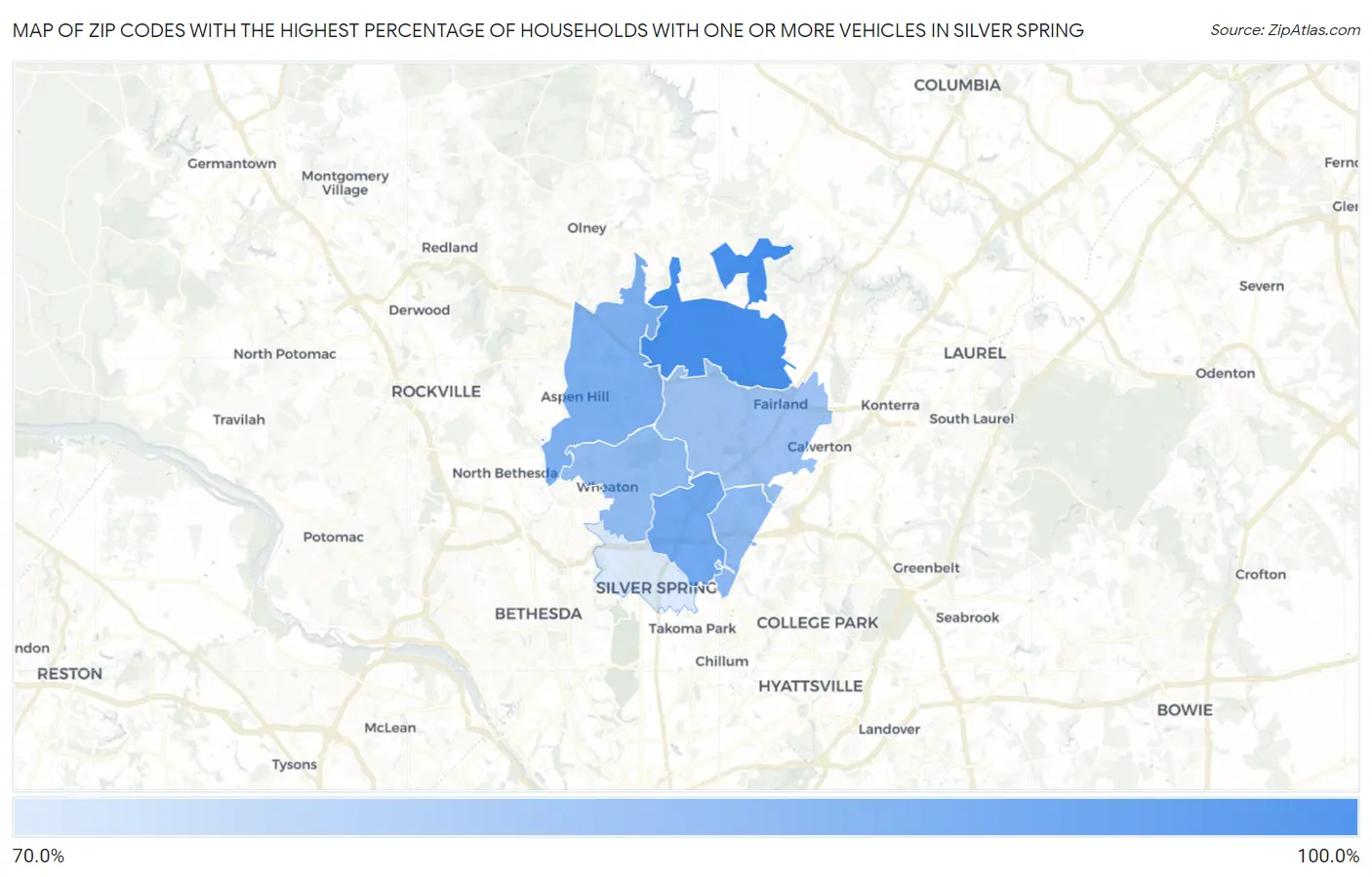 Zip Codes with the Highest Percentage of Households With One or more Vehicles in Silver Spring Map