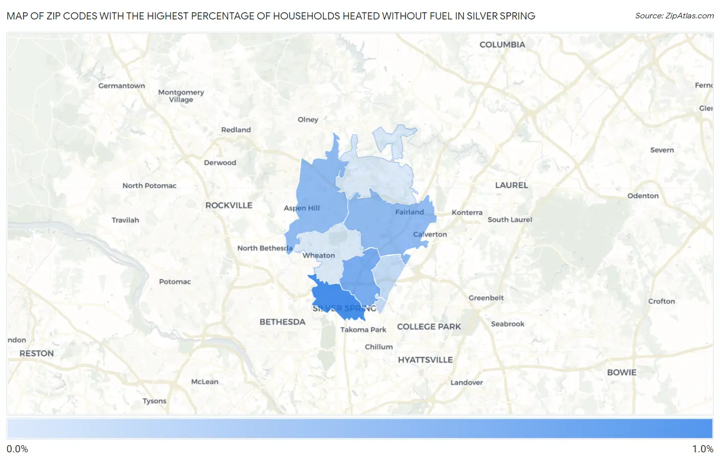Zip Codes with the Highest Percentage of Households Heated without Fuel in Silver Spring Map