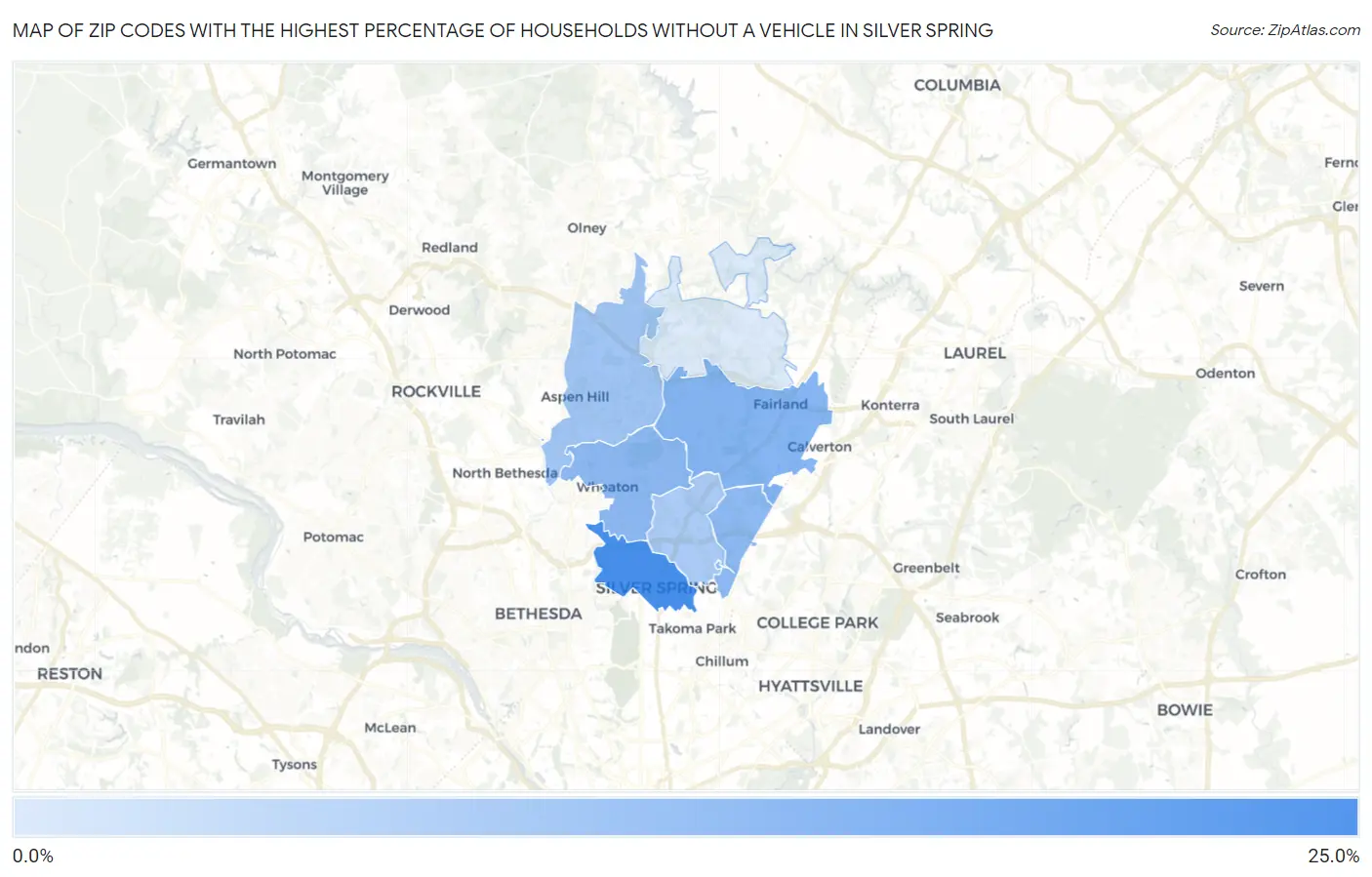Zip Codes with the Highest Percentage of Households Without a Vehicle in Silver Spring Map