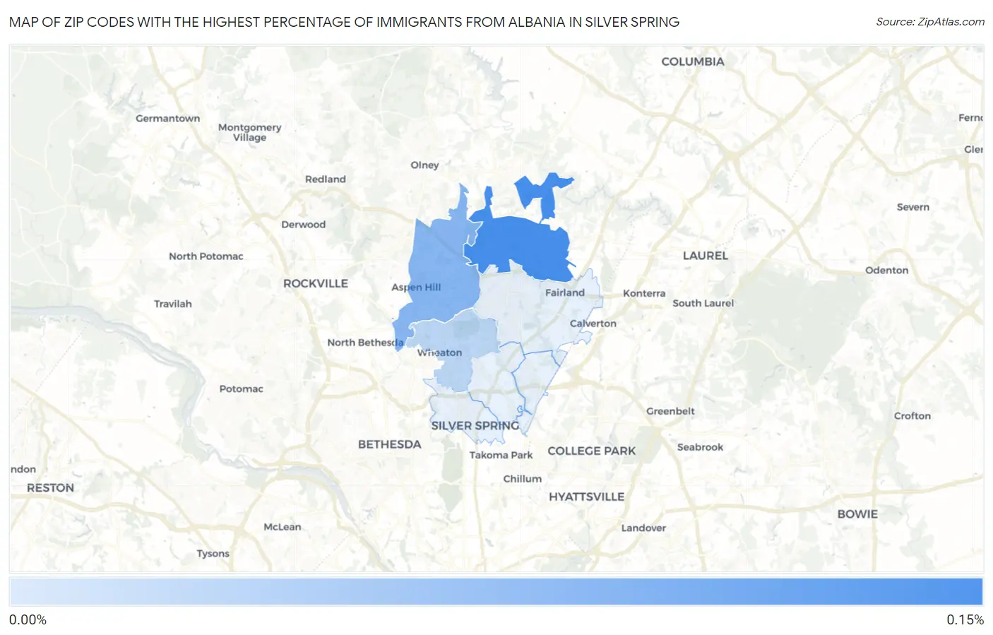 Zip Codes with the Highest Percentage of Immigrants from Albania in Silver Spring Map