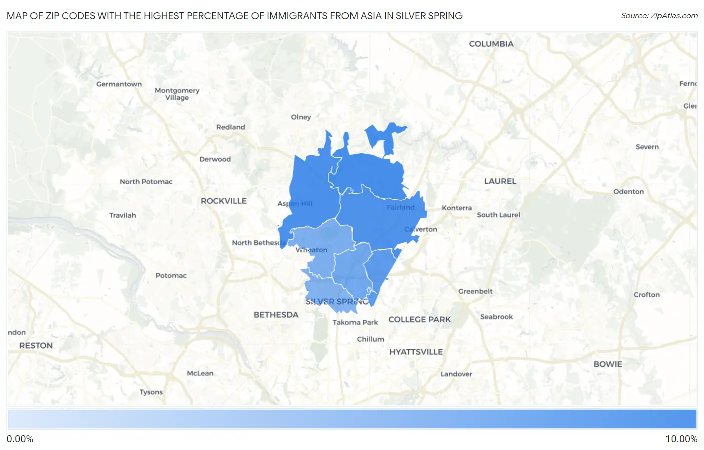 Zip Codes with the Highest Percentage of Immigrants from Asia in Silver Spring Map