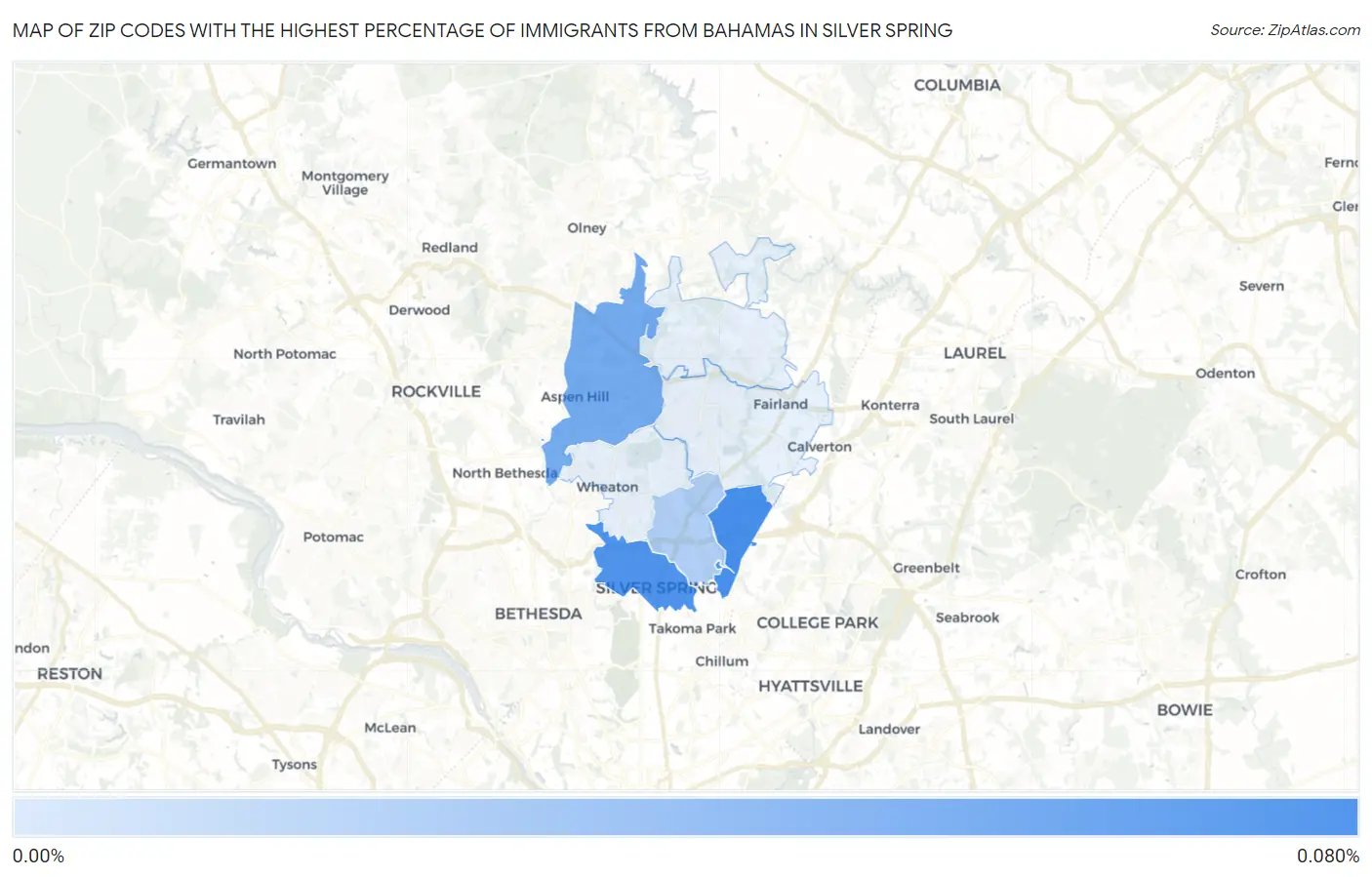 Zip Codes with the Highest Percentage of Immigrants from Bahamas in Silver Spring Map