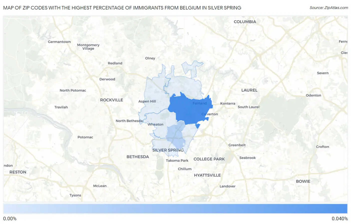 Zip Codes with the Highest Percentage of Immigrants from Belgium in Silver Spring Map