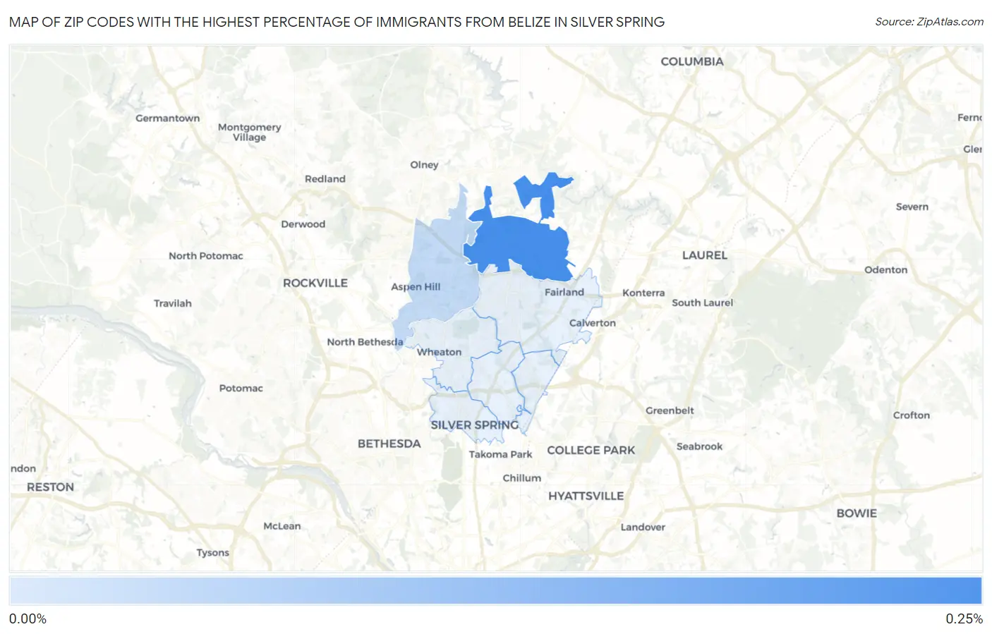Zip Codes with the Highest Percentage of Immigrants from Belize in Silver Spring Map