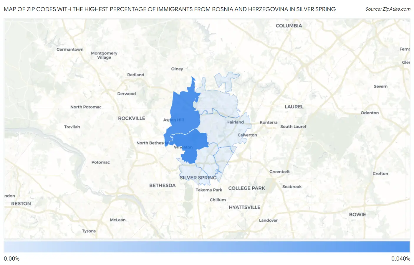 Zip Codes with the Highest Percentage of Immigrants from Bosnia and Herzegovina in Silver Spring Map