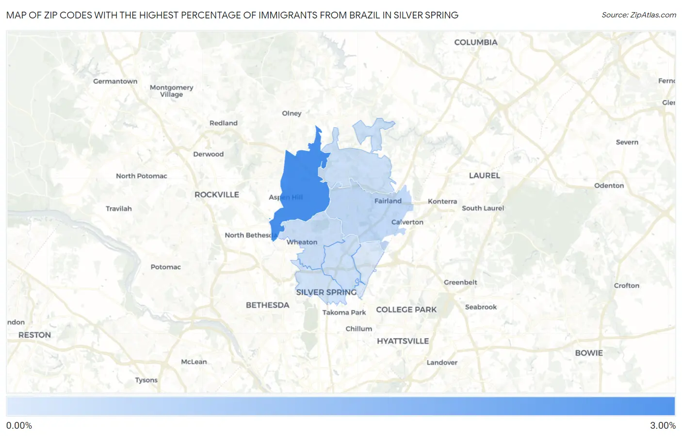 Zip Codes with the Highest Percentage of Immigrants from Brazil in Silver Spring Map