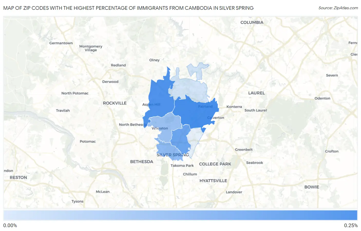 Zip Codes with the Highest Percentage of Immigrants from Cambodia in Silver Spring Map