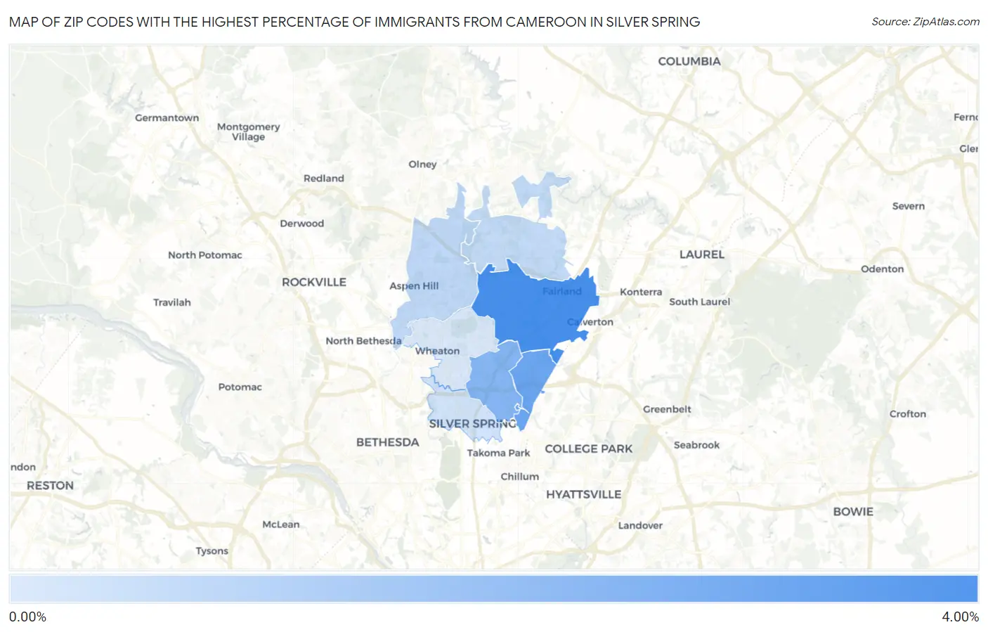 Zip Codes with the Highest Percentage of Immigrants from Cameroon in Silver Spring Map
