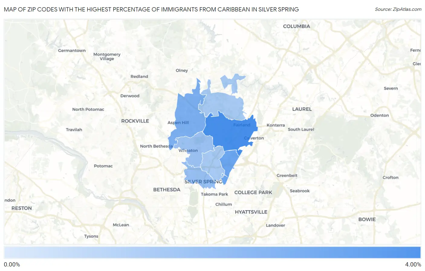 Zip Codes with the Highest Percentage of Immigrants from Caribbean in Silver Spring Map