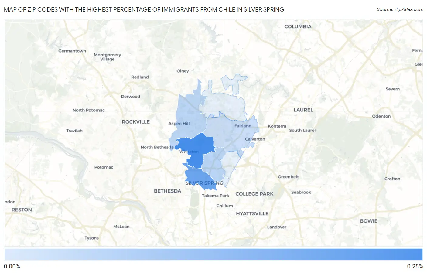 Zip Codes with the Highest Percentage of Immigrants from Chile in Silver Spring Map