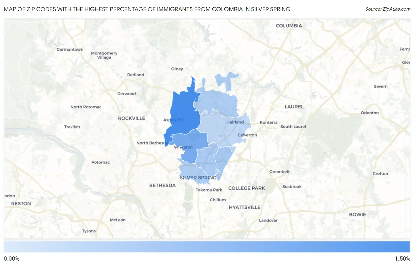 Zip Codes with the Highest Percentage of Immigrants from Colombia in Silver Spring Map