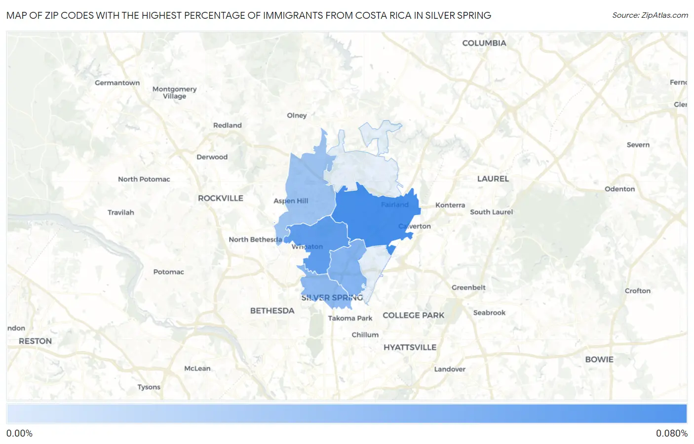 Zip Codes with the Highest Percentage of Immigrants from Costa Rica in Silver Spring Map