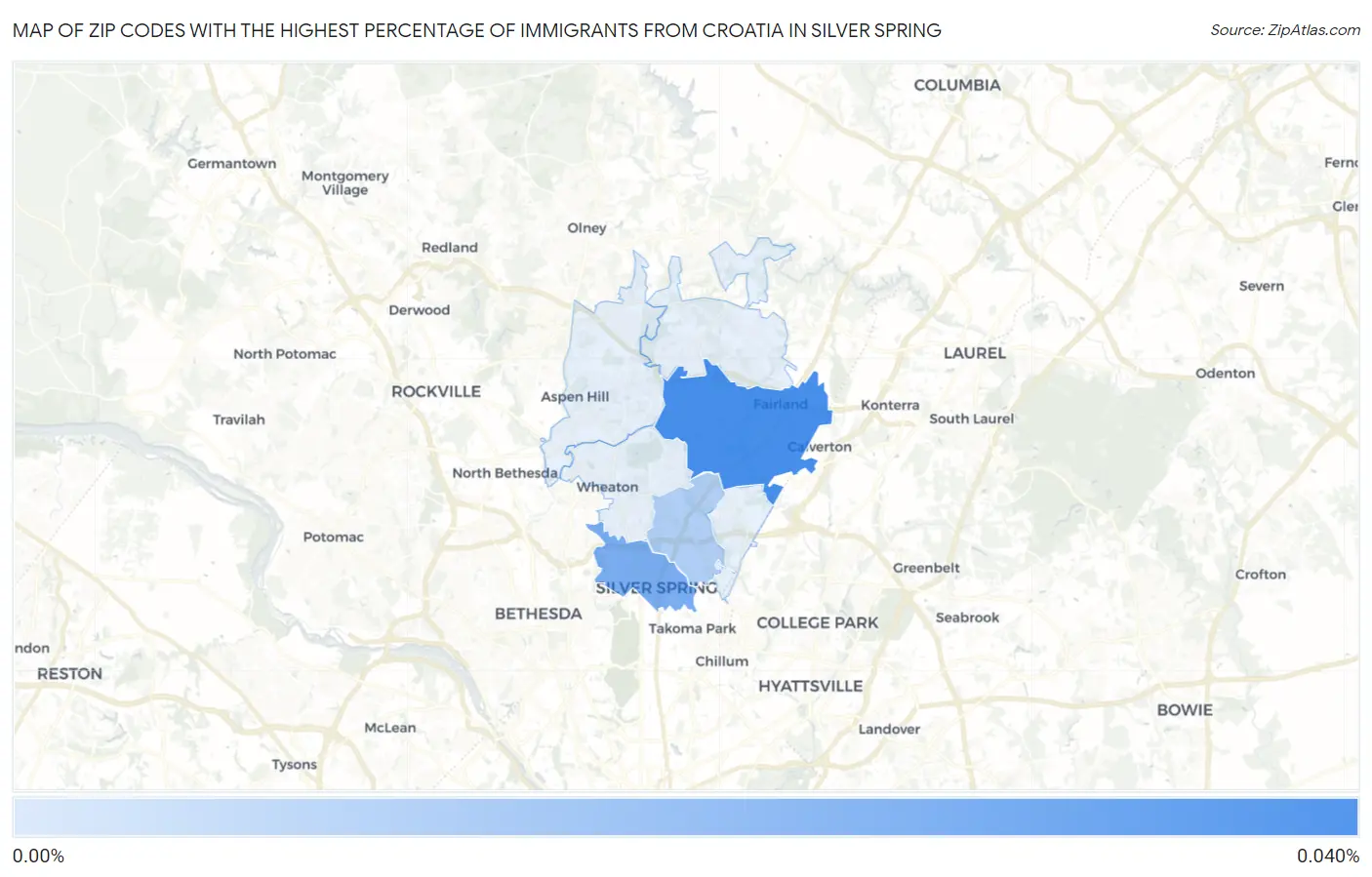 Zip Codes with the Highest Percentage of Immigrants from Croatia in Silver Spring Map