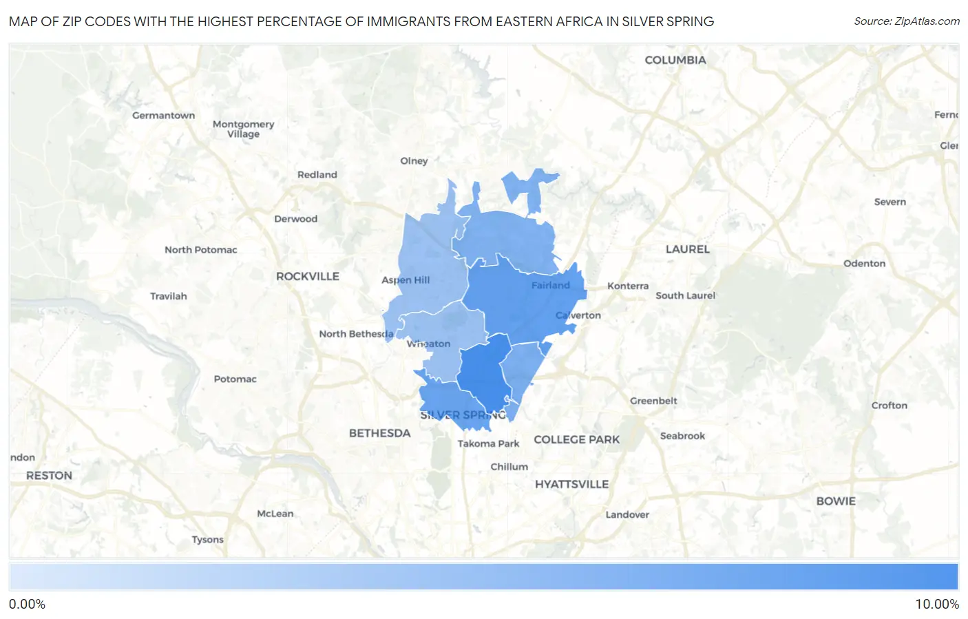 Zip Codes with the Highest Percentage of Immigrants from Eastern Africa in Silver Spring Map