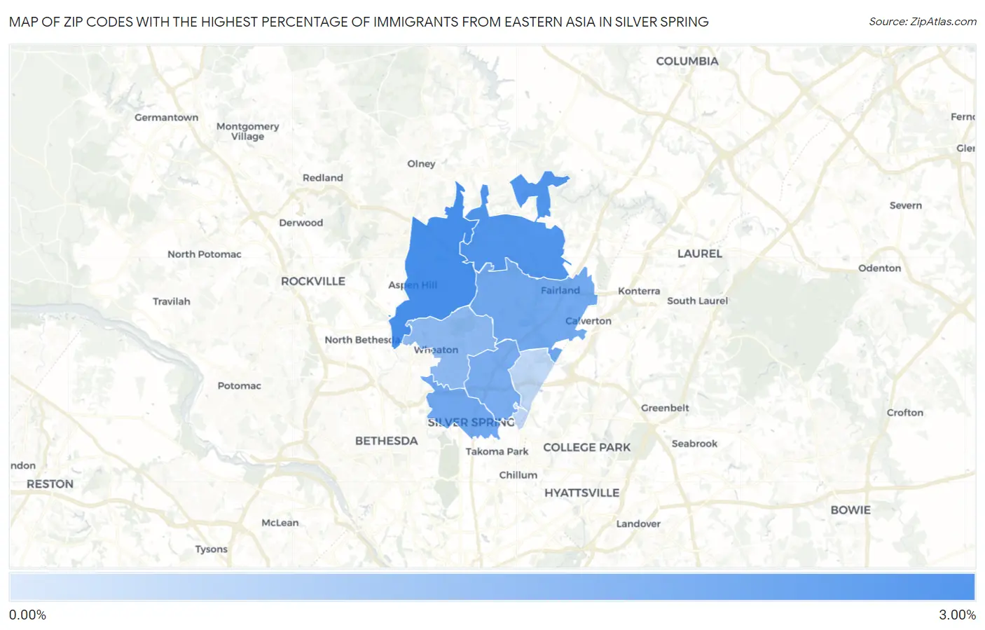 Zip Codes with the Highest Percentage of Immigrants from Eastern Asia in Silver Spring Map