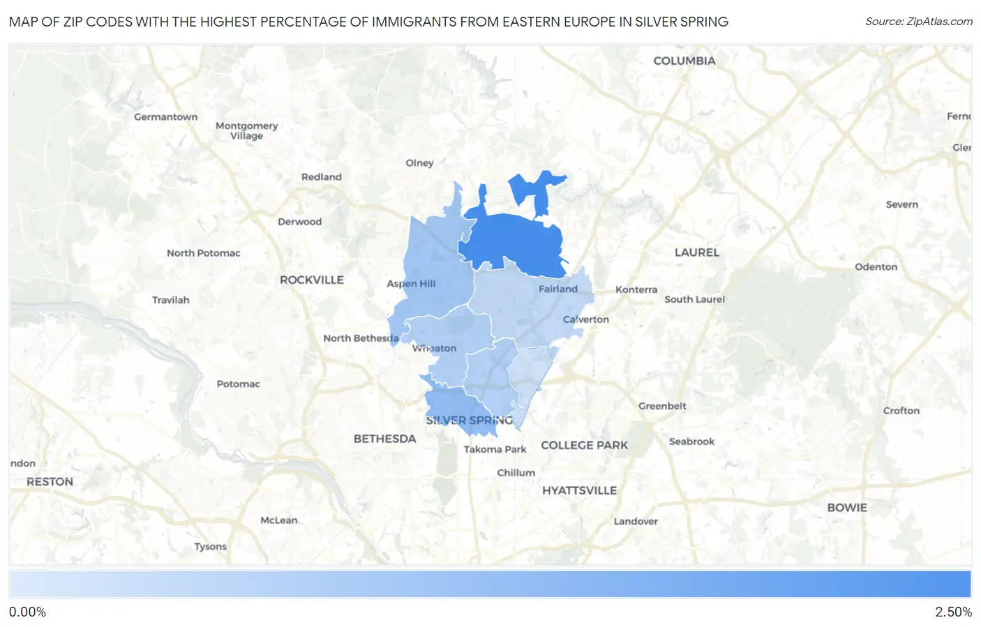 Zip Codes with the Highest Percentage of Immigrants from Eastern Europe in Silver Spring Map