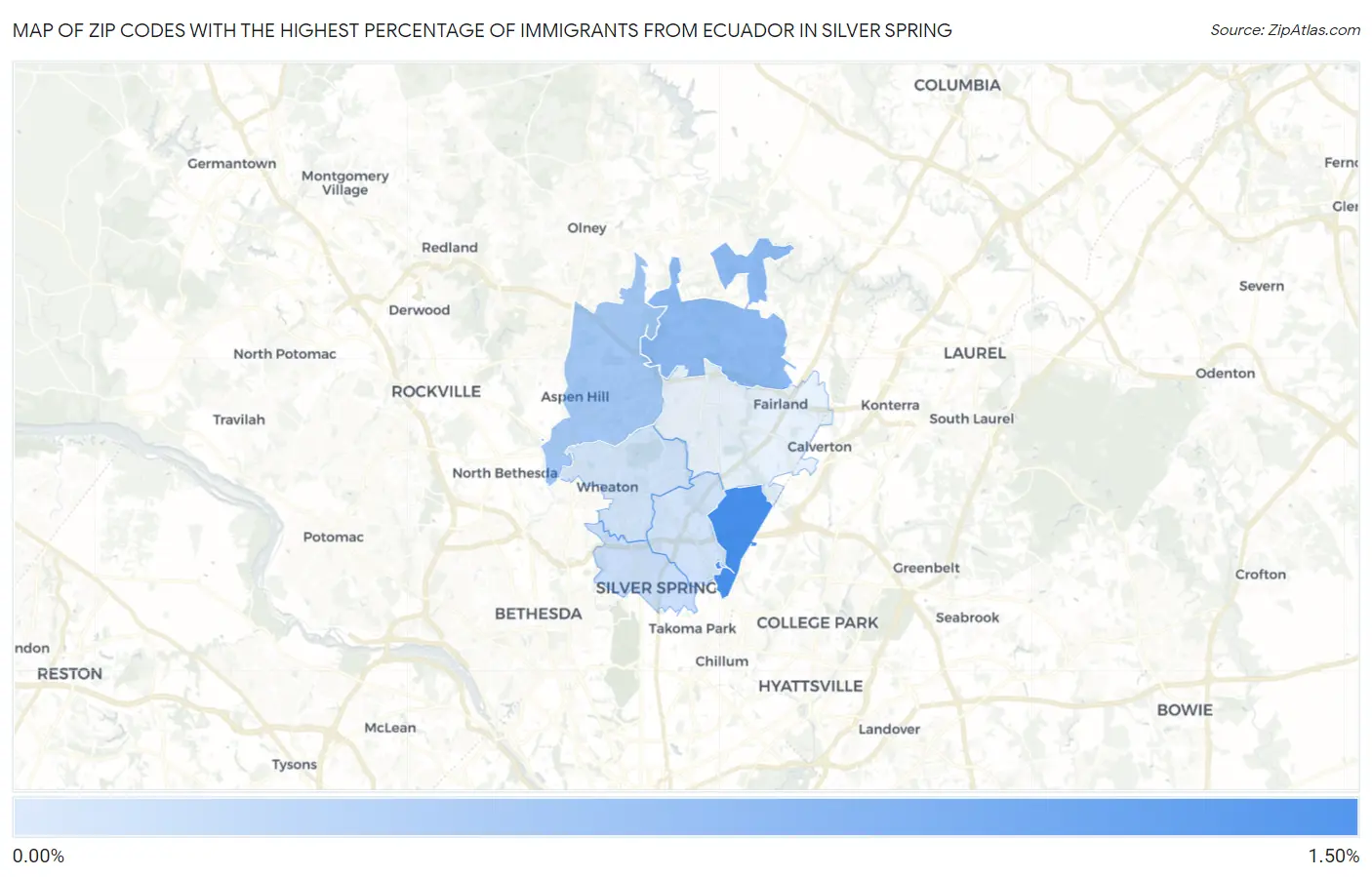 Zip Codes with the Highest Percentage of Immigrants from Ecuador in Silver Spring Map