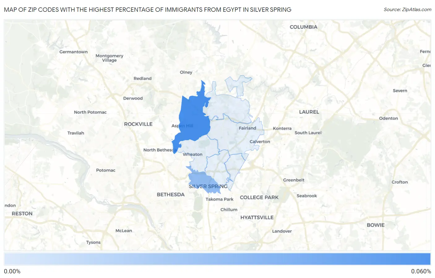 Zip Codes with the Highest Percentage of Immigrants from Egypt in Silver Spring Map