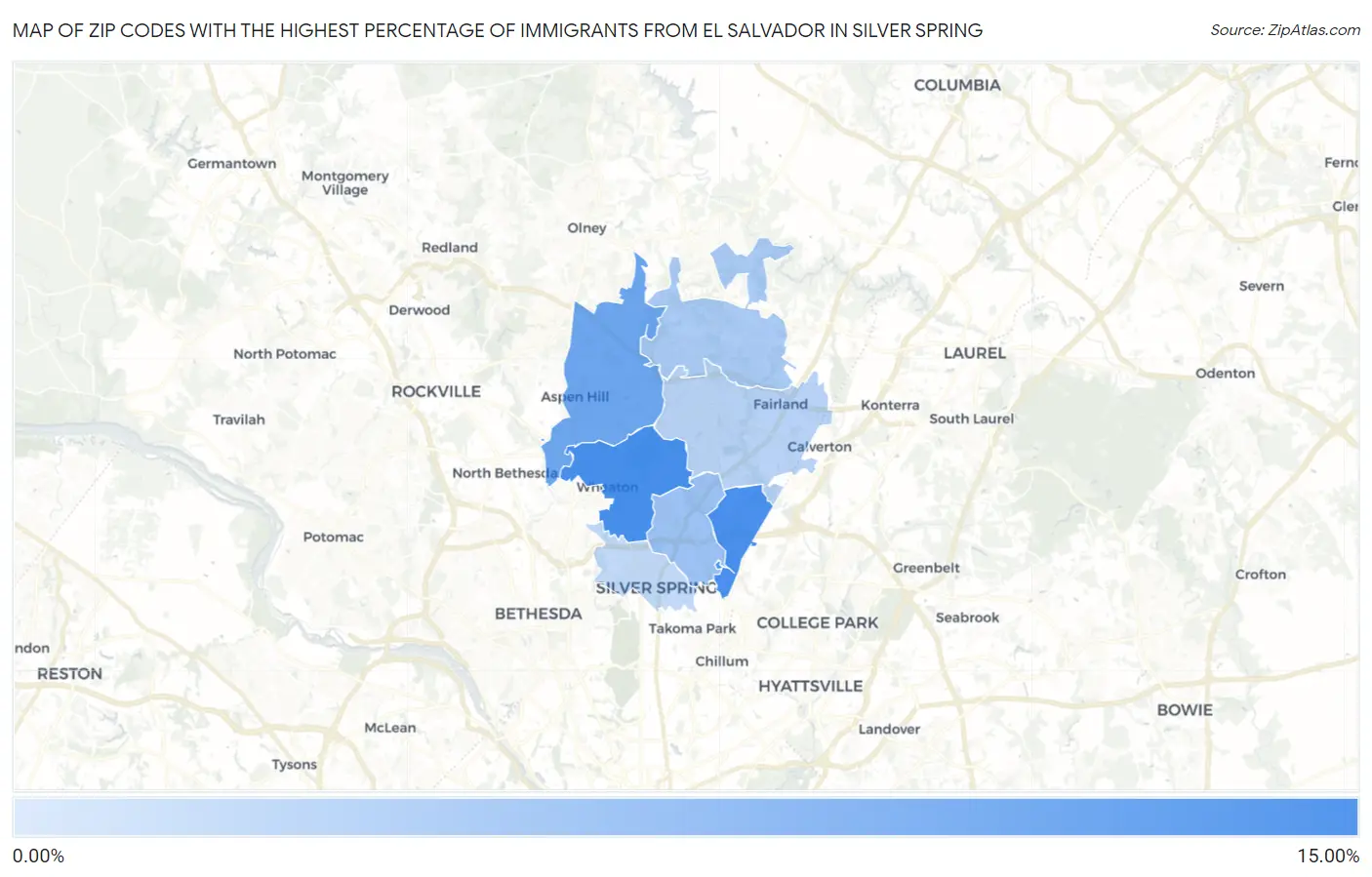 Zip Codes with the Highest Percentage of Immigrants from El Salvador in Silver Spring Map