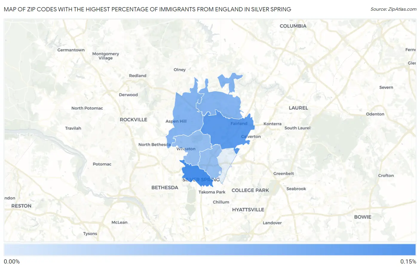 Zip Codes with the Highest Percentage of Immigrants from England in Silver Spring Map