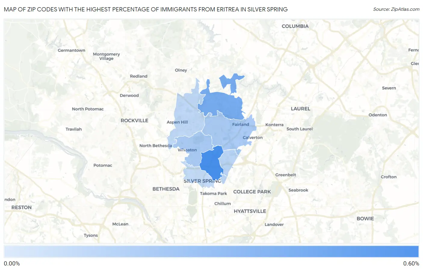 Zip Codes with the Highest Percentage of Immigrants from Eritrea in Silver Spring Map