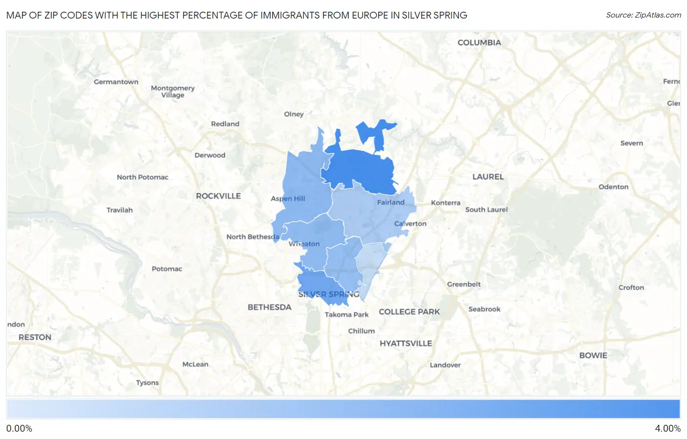 Zip Codes with the Highest Percentage of Immigrants from Europe in Silver Spring Map