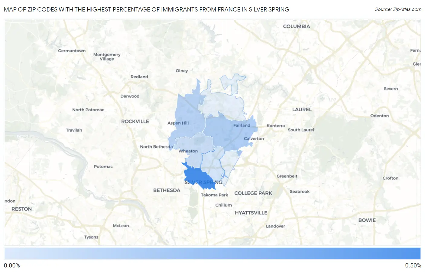 Zip Codes with the Highest Percentage of Immigrants from France in Silver Spring Map