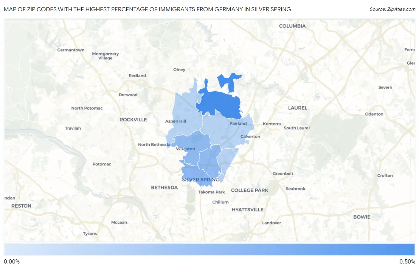 Zip Codes with the Highest Percentage of Immigrants from Germany in Silver Spring Map