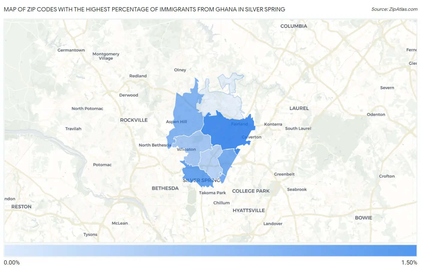 Zip Codes with the Highest Percentage of Immigrants from Ghana in Silver Spring Map