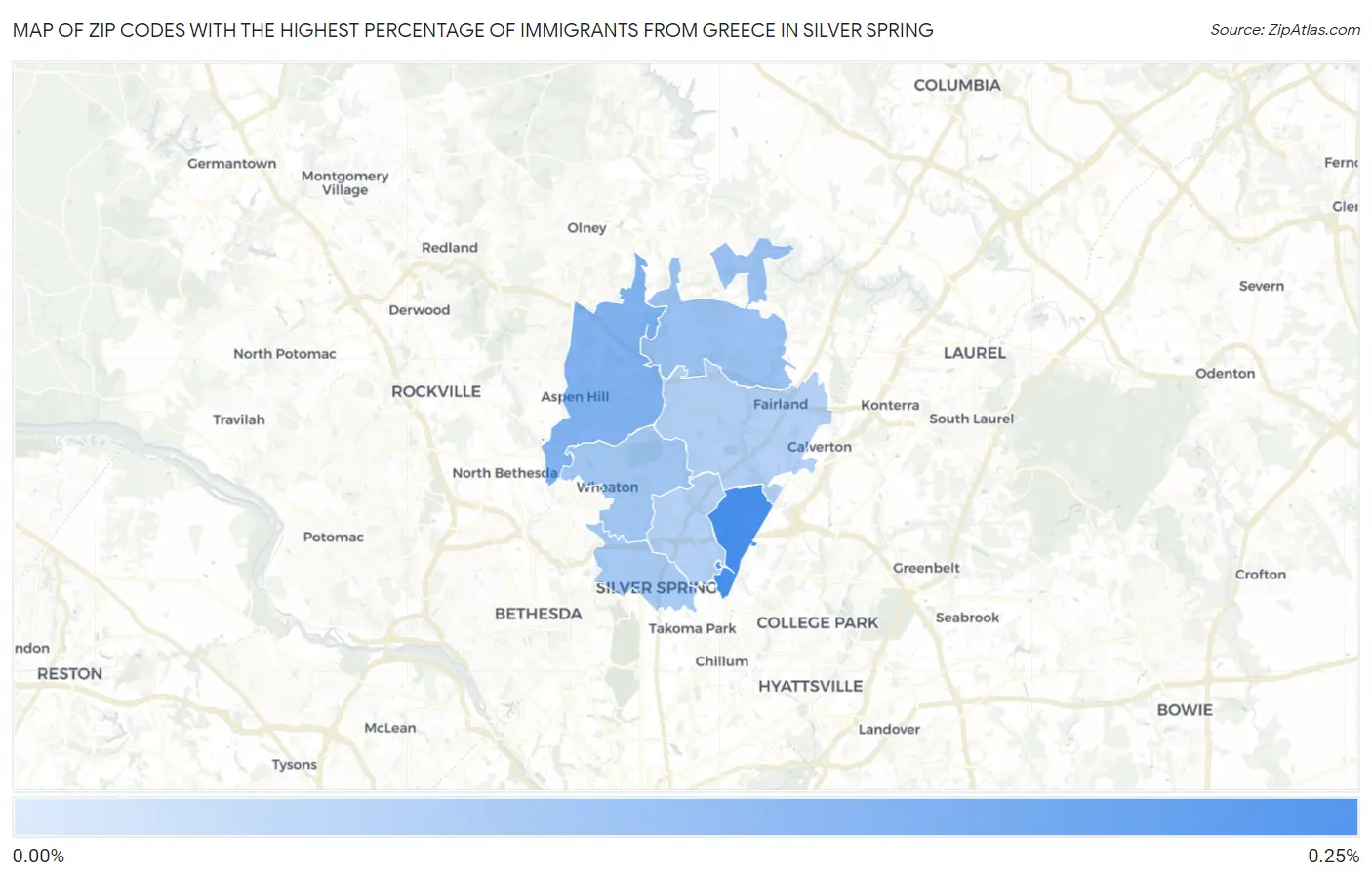 Zip Codes with the Highest Percentage of Immigrants from Greece in Silver Spring Map